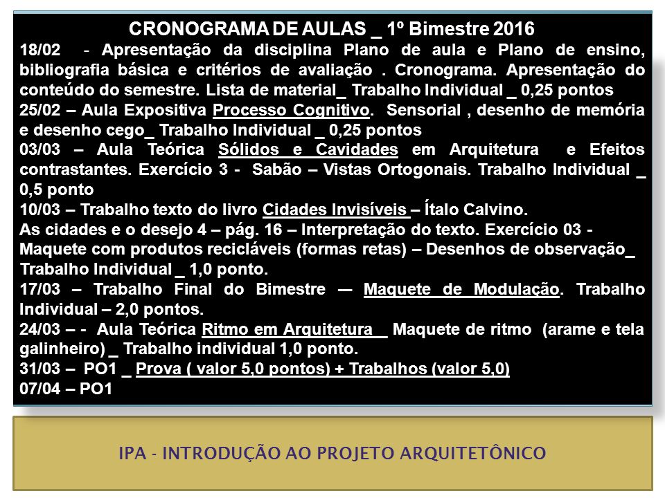 CRONOGRAMA DE AULAS _ 1º Bimestre 2016