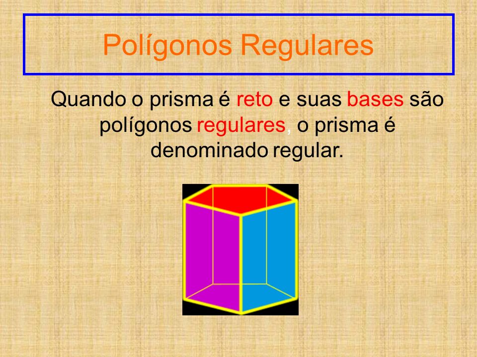 Polígonos Regulares Quando o prisma é reto e suas bases são polígonos regulares, o prisma é denominado regular.