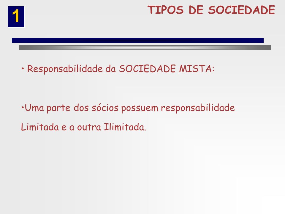 1 TIPOS DE SOCIEDADE Responsabilidade da SOCIEDADE MISTA: