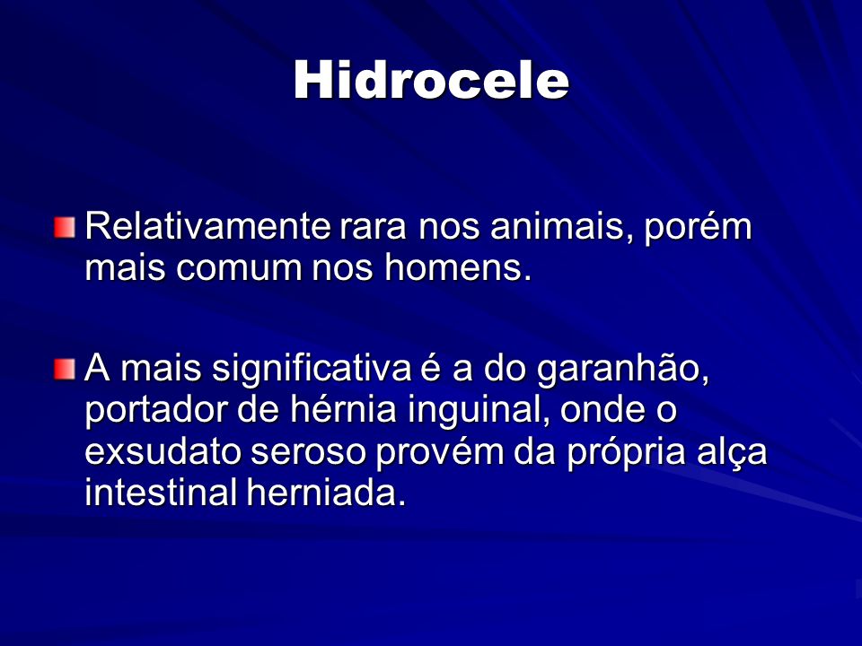 Hidrocele Relativamente rara nos animais, porém mais comum nos homens.