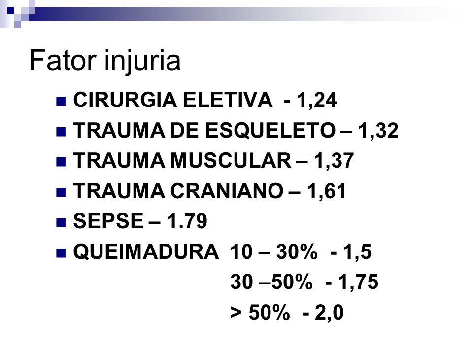 Fator injuria CIRURGIA ELETIVA - 1,24 TRAUMA DE ESQUELETO – 1,32