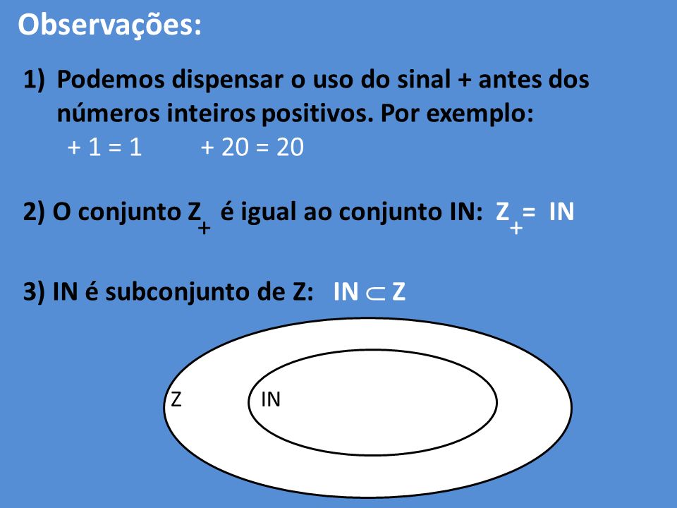 Observações: Podemos dispensar o uso do sinal + antes dos números inteiros positivos. Por exemplo: + 1 = = 20.