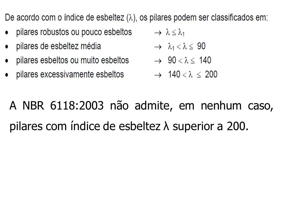 A NBR 6118:2003 não admite, em nenhum caso, pilares com índice de esbeltez λ superior a 200.