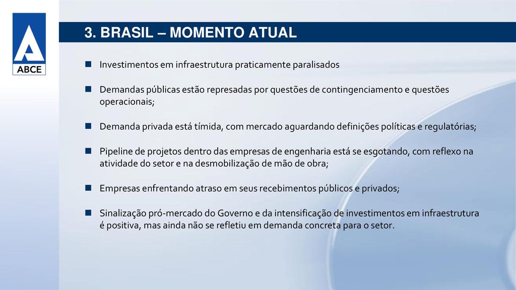 3. BRASIL – MOMENTO ATUAL Investimentos em infraestrutura praticamente paralisados.