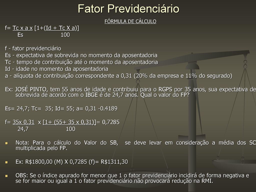 Fator Previdenciário f= Tc x a x [1+(Id + Tc X a)] Es 100