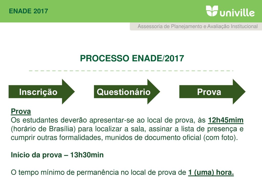 PROCESSO ENADE/2017 Inscrição Questionário Prova Prova