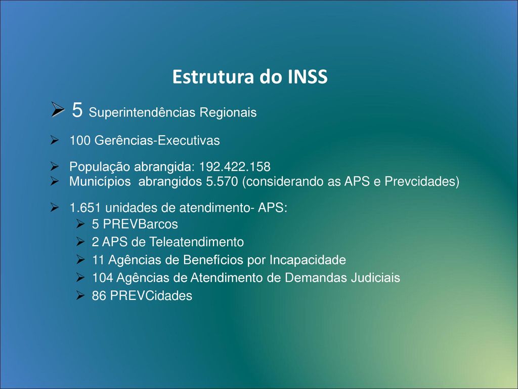 Estrutura do INSS 5 Superintendências Regionais