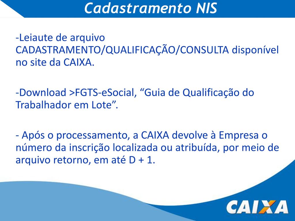 Cadastramento NIS Leiaute de arquivo CADASTRAMENTO/QUALIFICAÇÃO/CONSULTA disponível no site da CAIXA.