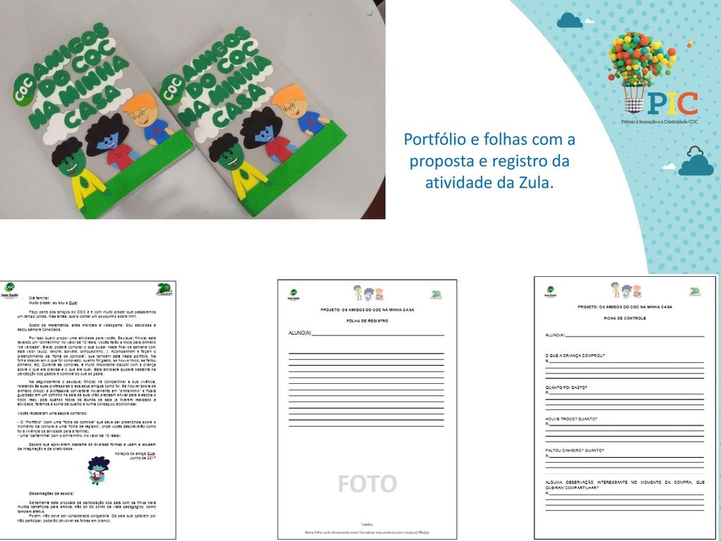 Portfólio e folhas com a proposta e registro da atividade da Zula.