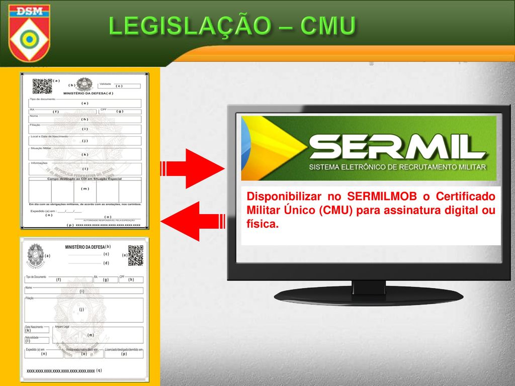 LEGISLAÇÃO – CMU Disponibilizar no SERMILMOB o Certificado Militar Único (CMU) para assinatura digital ou física.