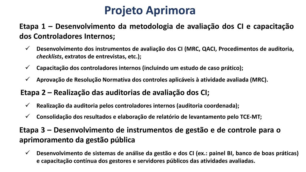 Projeto Aprimora Etapa 1 – Desenvolvimento da metodologia de avaliação dos CI e capacitação dos Controladores Internos;