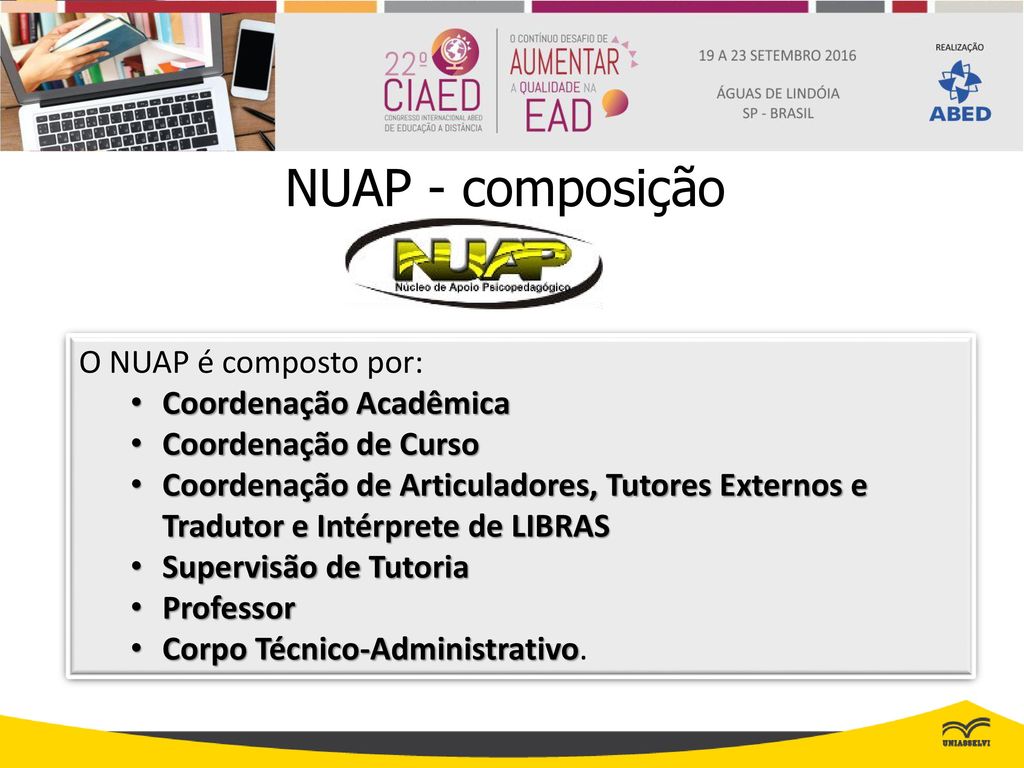 NUAP - composição O NUAP é composto por: Coordenação Acadêmica