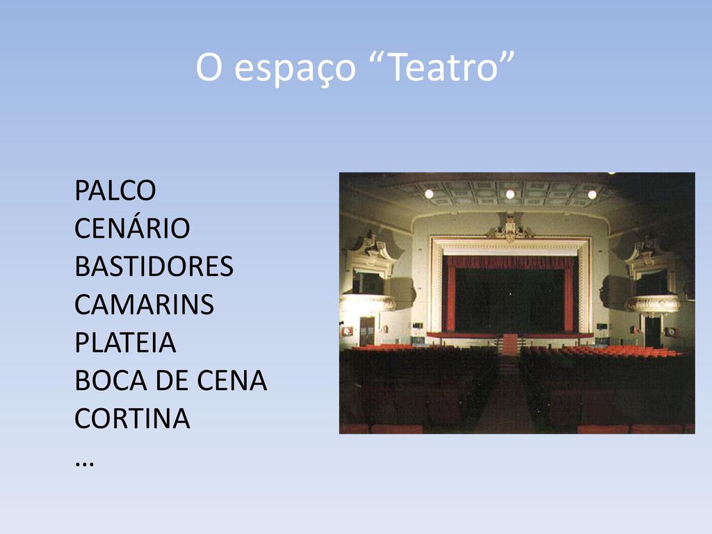 O espaço Teatro PALCO CENÁRIO BASTIDORES CAMARINS PLATEIA