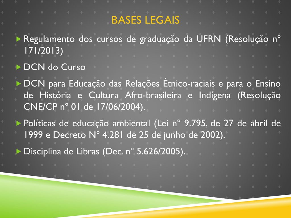 BASES LEGAIS Regulamento dos cursos de graduação da UFRN (Resolução nº 171/2013) DCN do Curso.