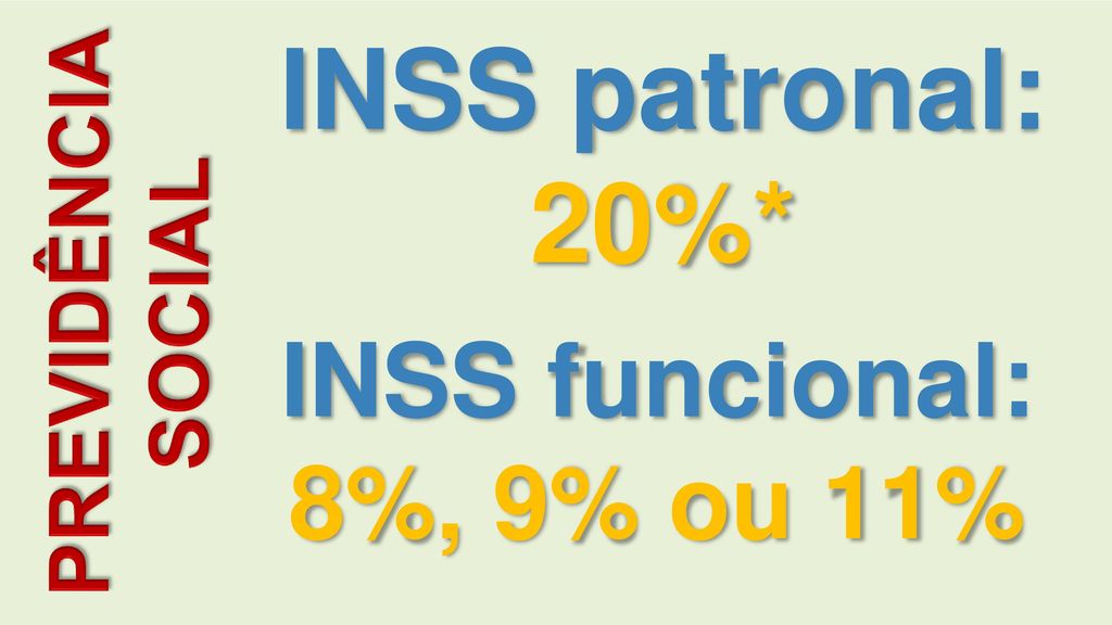 INSS patronal: 20%* PREVIDÊNCIA SOCIAL INSS funcional: 8%, 9% ou 11%