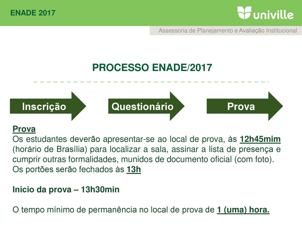 PROCESSO ENADE/2017 Inscrição Questionário Prova Prova