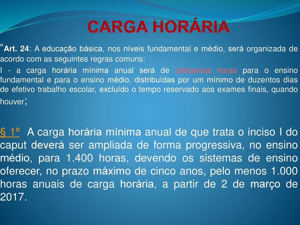 CARGA HORÁRIA Art. 24: A educação básica, nos níveis fundamental e médio, será organizada de acordo com as seguintes regras comuns:
