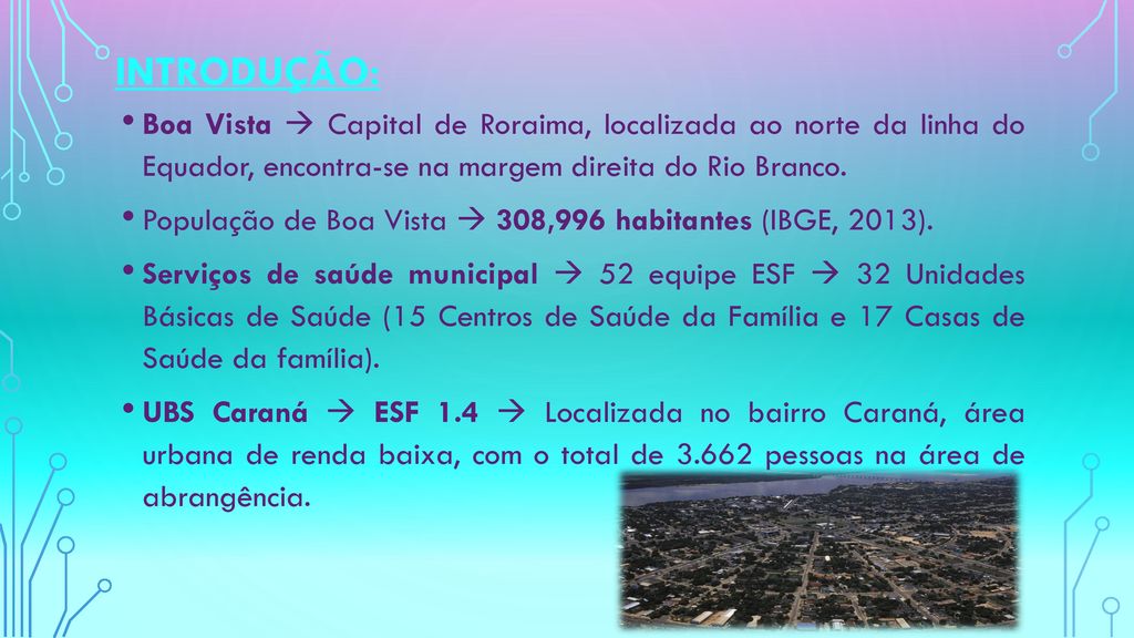 Introdução: Boa Vista  Capital de Roraima, localizada ao norte da linha do Equador, encontra-se na margem direita do Rio Branco.