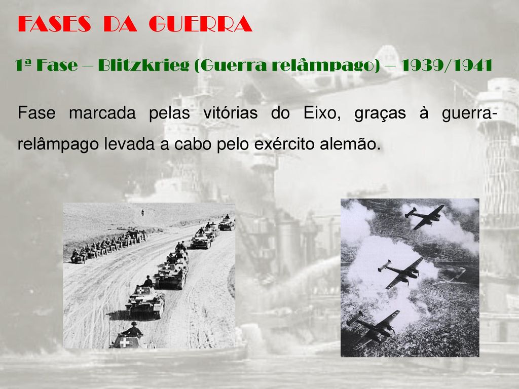 FASES DA GUERRA 1ª Fase – Blitzkrieg (Guerra relâmpago) – 1939/1941