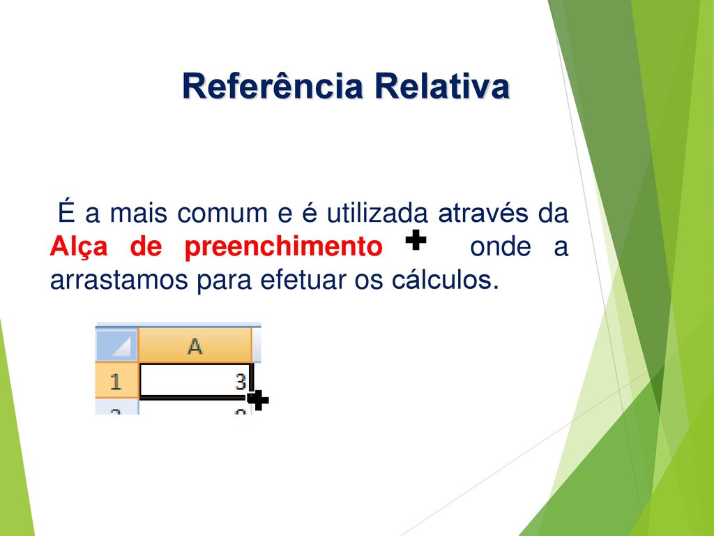 Referência Relativa É a mais comum e é utilizada através da Alça de preenchimento onde a arrastamos para efetuar os cálculos.