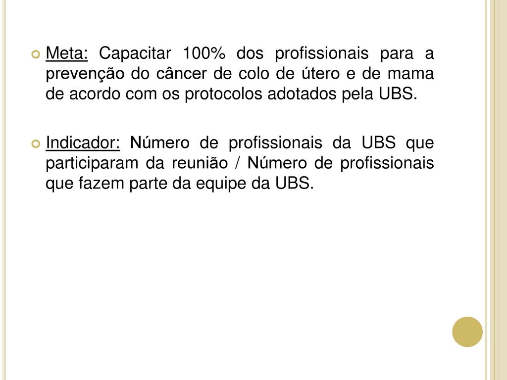 Meta: Capacitar 100% dos profissionais para a prevenção do câncer de colo de útero e de mama de acordo com os protocolos adotados pela UBS.