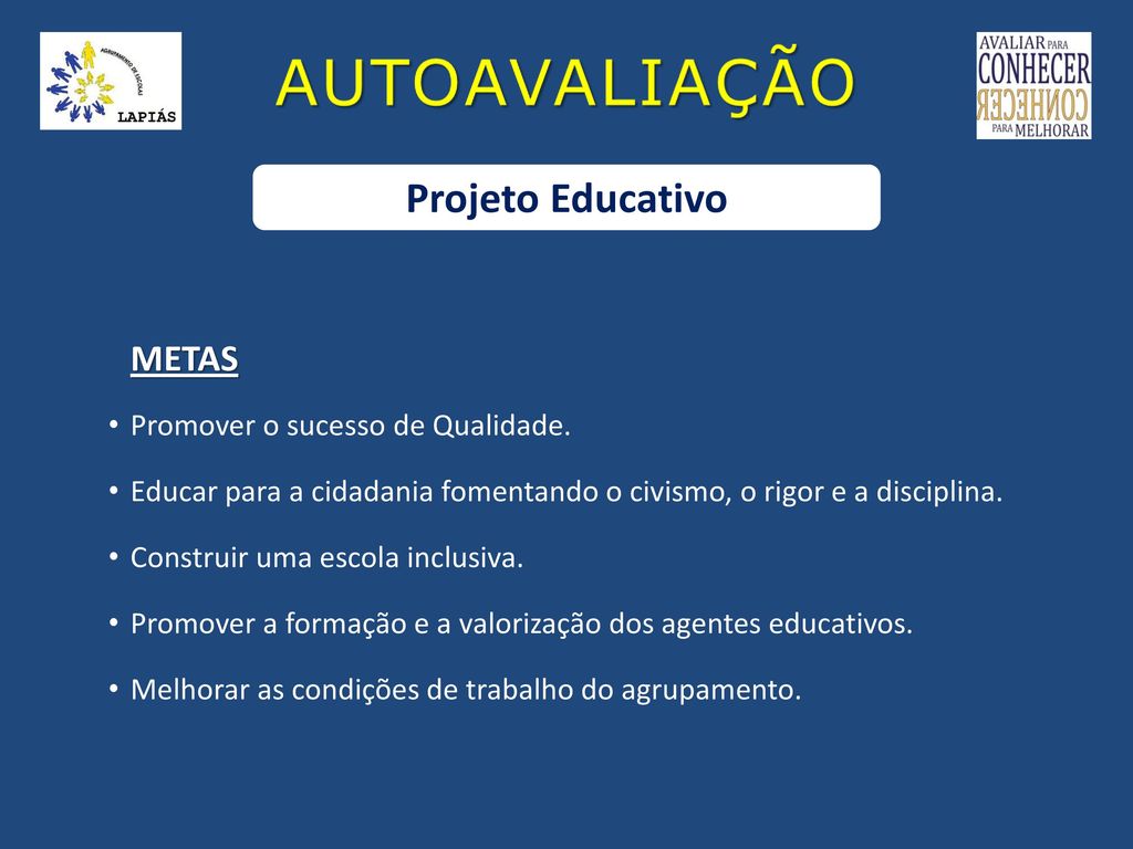 AUTOAVALIAÇÃO Projeto Educativo METAS Promover o sucesso de Qualidade.