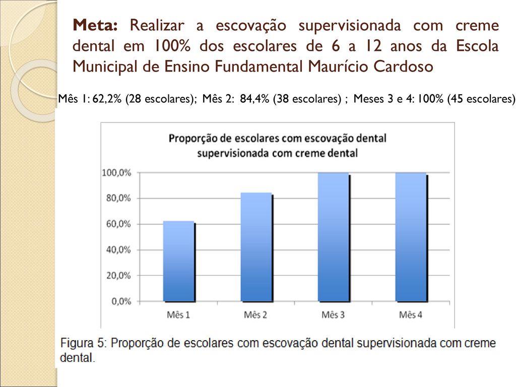Meta: Realizar a escovação supervisionada com creme dental em 100% dos escolares de 6 a 12 anos da Escola Municipal de Ensino Fundamental Maurício Cardoso