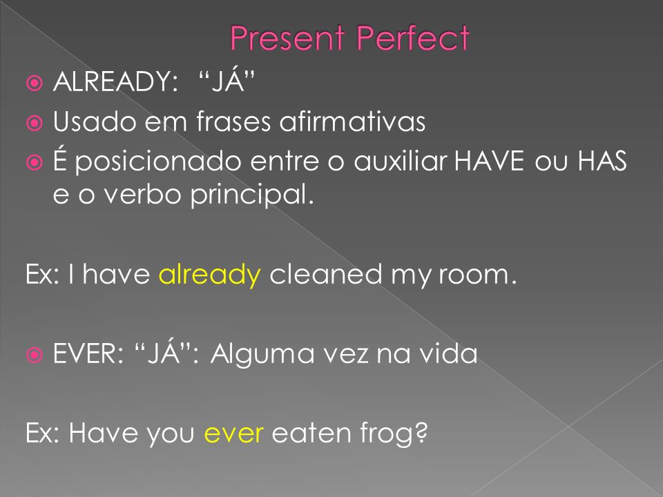 Present Perfect ALREADY: JÁ Usado em frases afirmativas