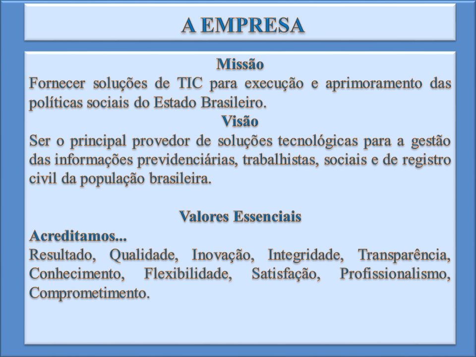 A EMPRESA Missão. Fornecer soluções de TIC para execução e aprimoramento das políticas sociais do Estado Brasileiro.