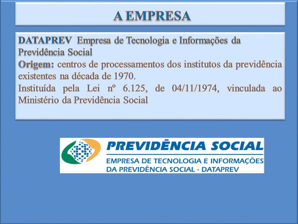 A EMPRESA DATAPREV Empresa de Tecnologia e Informações da Previdência Social.