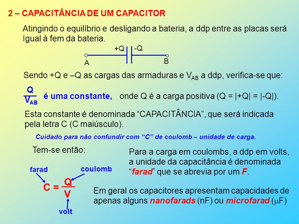 Q C = V 2 – CAPACITÂNCIA DE UM CAPACITOR