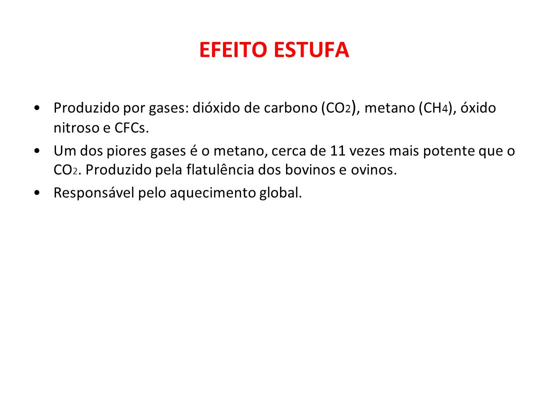 EFEITO ESTUFA Produzido por gases: dióxido de carbono (CO2), metano (CH4), óxido nitroso e CFCs.