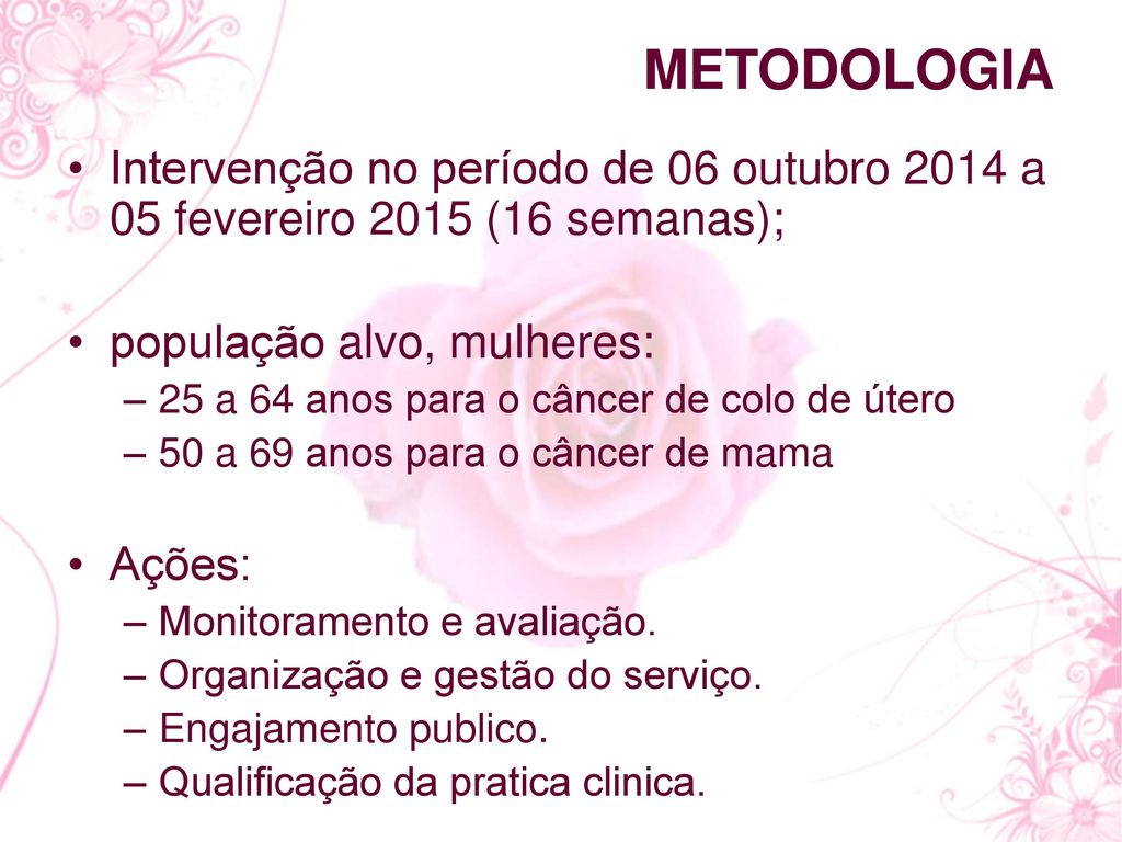 METODOLOGIA Intervenção no período de 06 outubro 2014 a 05 fevereiro 2015 (16 semanas); população alvo, mulheres: