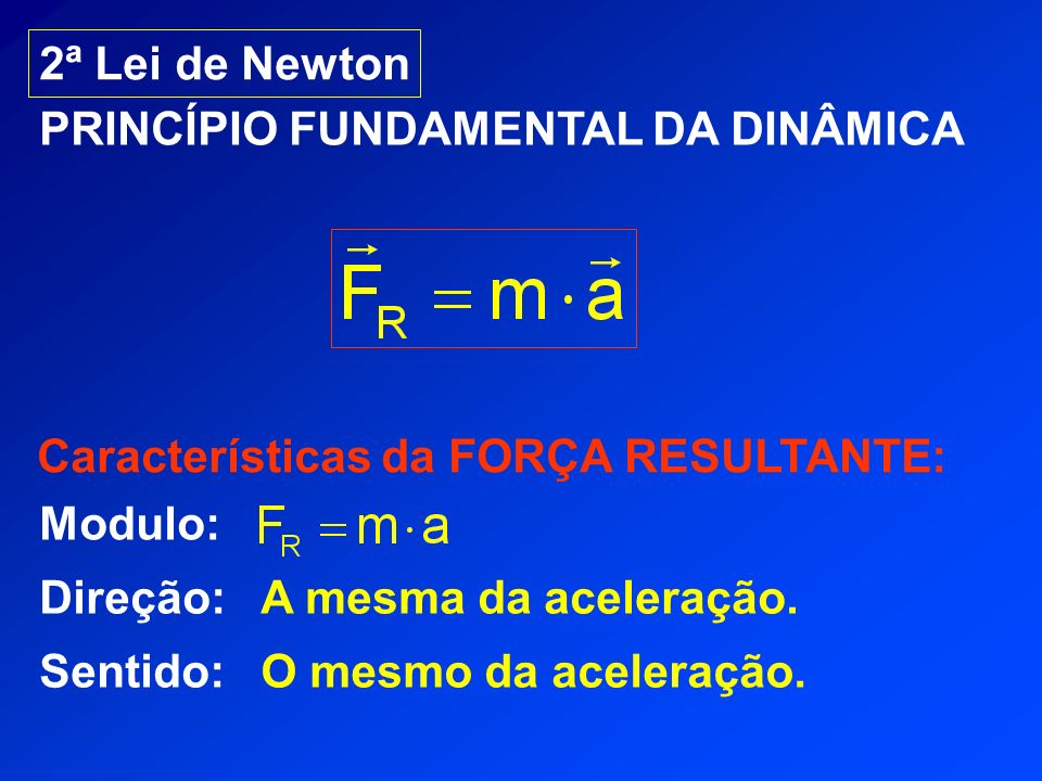 2ª Lei de Newton PRINCÍPIO FUNDAMENTAL DA DINÂMICA. Características da FORÇA RESULTANTE: Modulo: Direção: