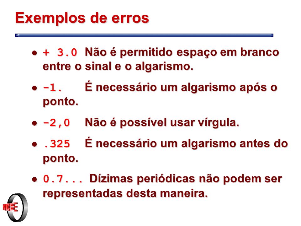Exemplos de erros Não é permitido espaço em branco entre o sinal e o algarismo. -1. É necessário um algarismo após o ponto.