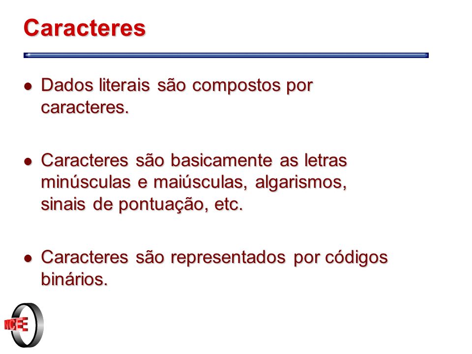 Caracteres Dados literais são compostos por caracteres.