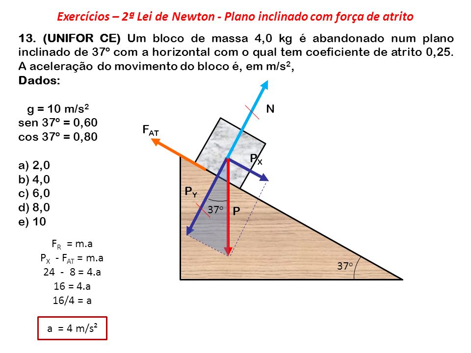 Exercícios – 2ª Lei de Newton - Plano inclinado com força de atrito