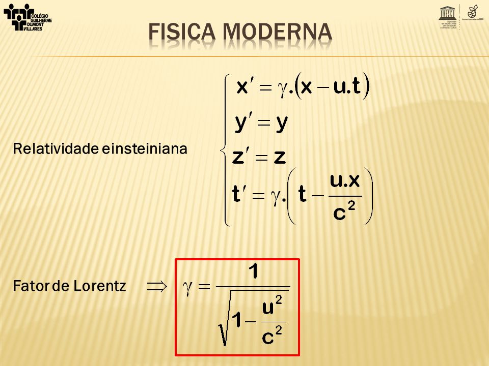 FISICA MODERNA Relatividade einsteiniana Fator de Lorentz