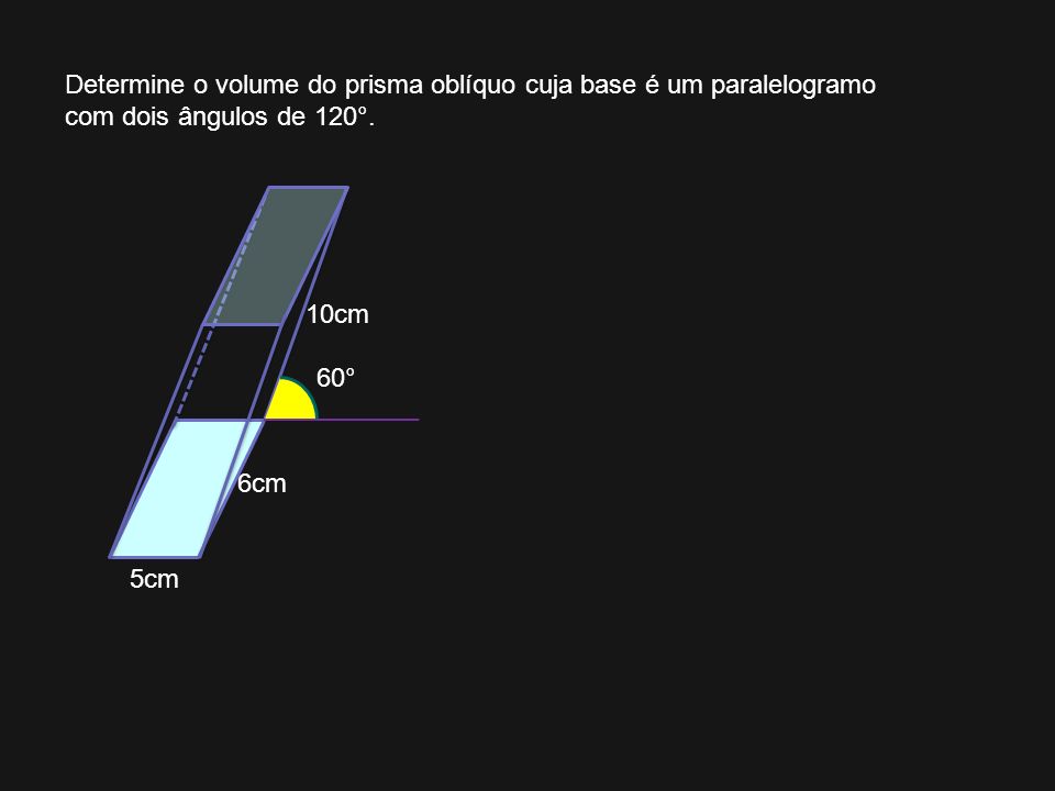 Determine o volume do prisma oblíquo cuja base é um paralelogramo com dois ângulos de 120°.