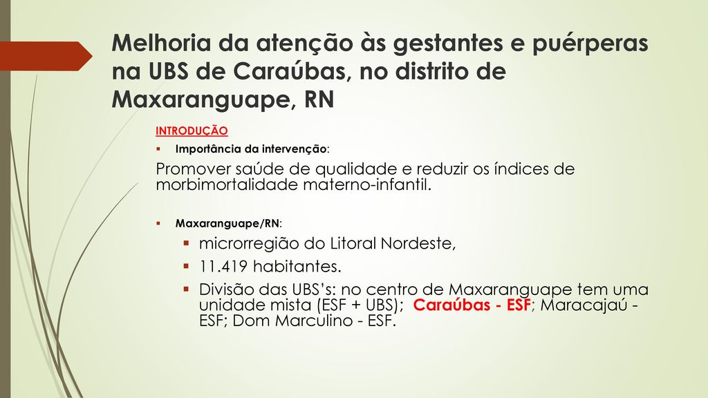 Melhoria da atenção às gestantes e puérperas na UBS de Caraúbas, no distrito de Maxaranguape, RN