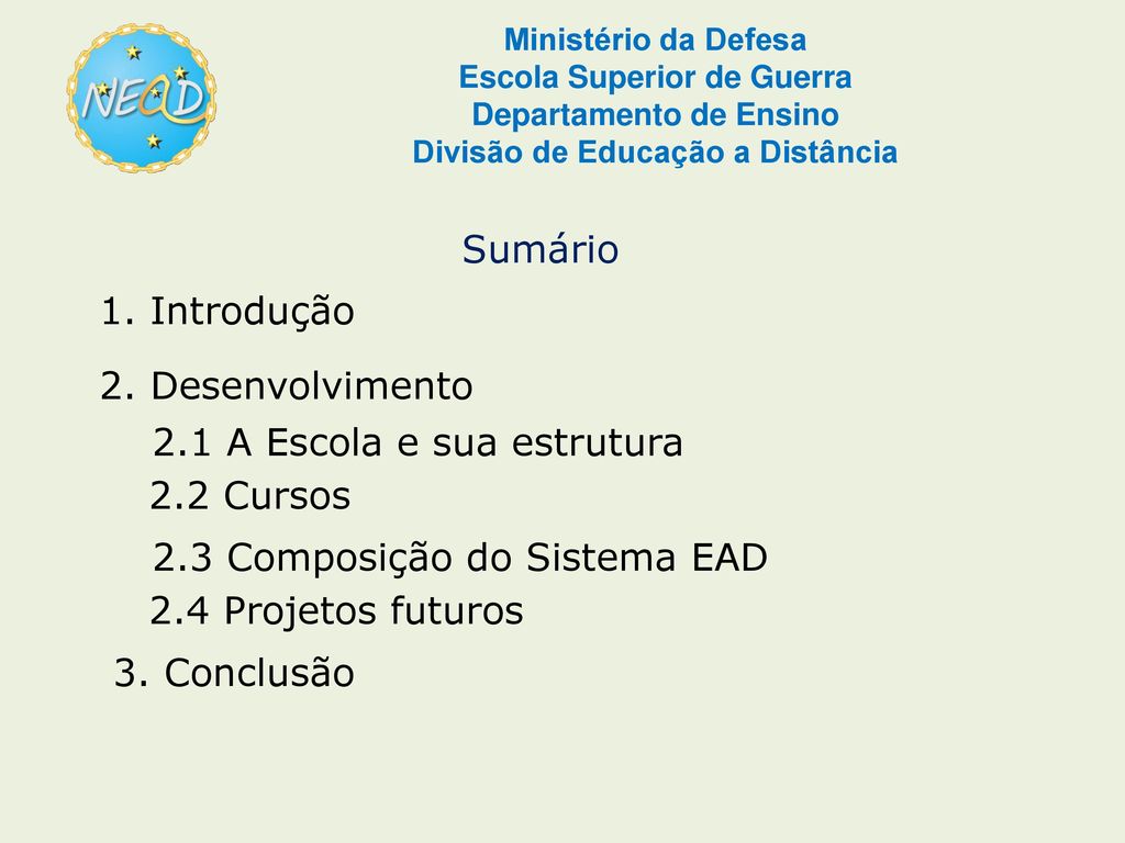 Sumário 1. Introdução. 2. Desenvolvimento. 2.1 A Escola e sua estrutura. 2.2 Cursos. 2.3 Composição do Sistema EAD.