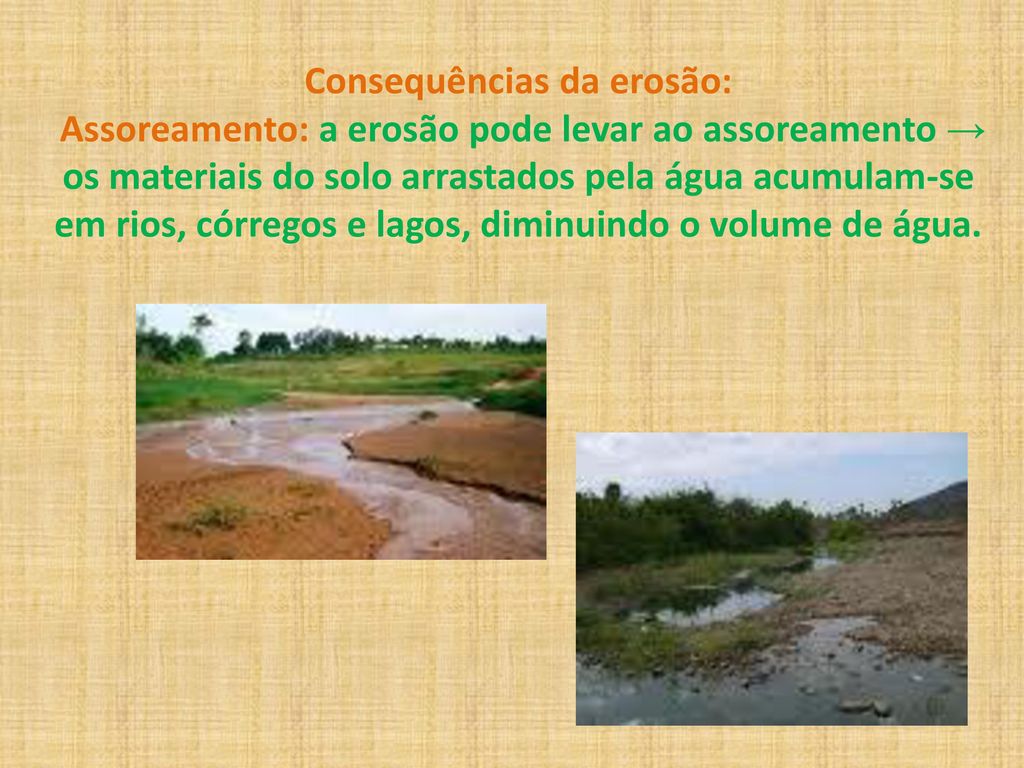 Consequências da erosão: Assoreamento: a erosão pode levar ao assoreamento → os materiais do solo arrastados pela água acumulam-se em rios, córregos e lagos, diminuindo o volume de água.