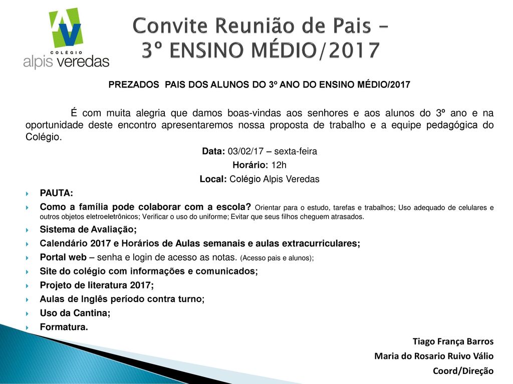 Convite Reunião de Pais – 3º ENSINO MÉDIO/2017