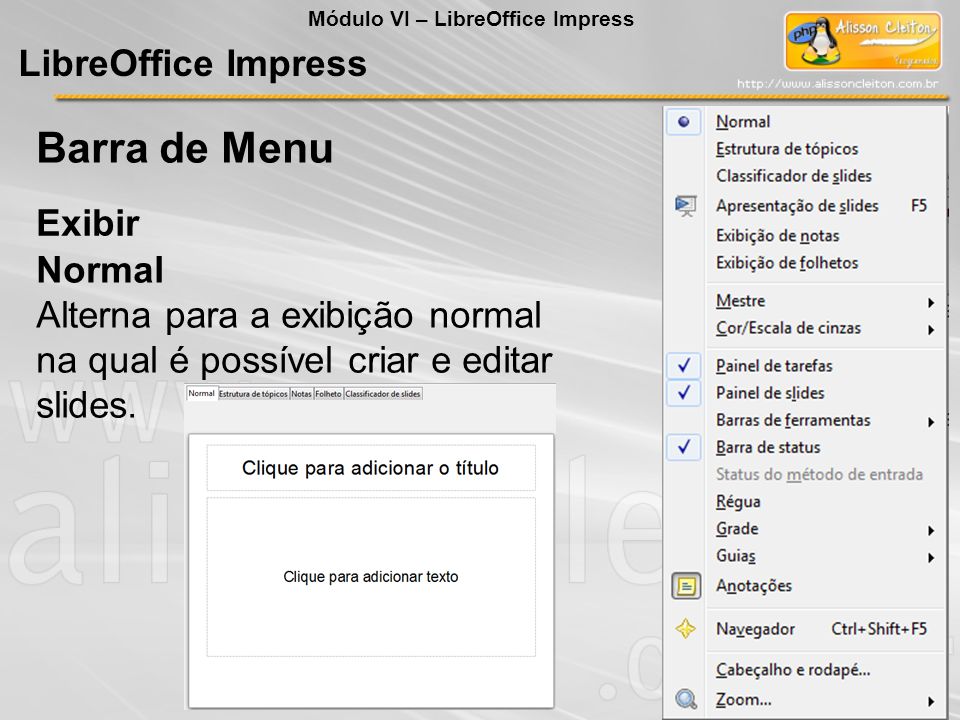 Barra de Menu LibreOffice Impress Exibir Normal