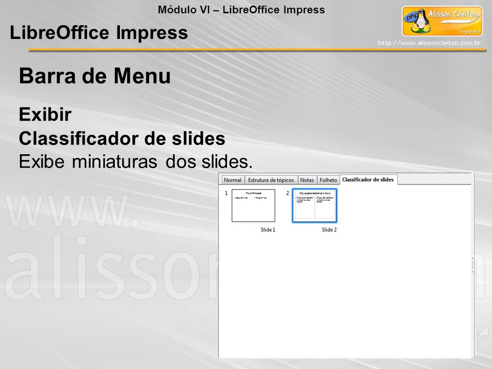 Barra de Menu LibreOffice Impress Exibir Classificador de slides