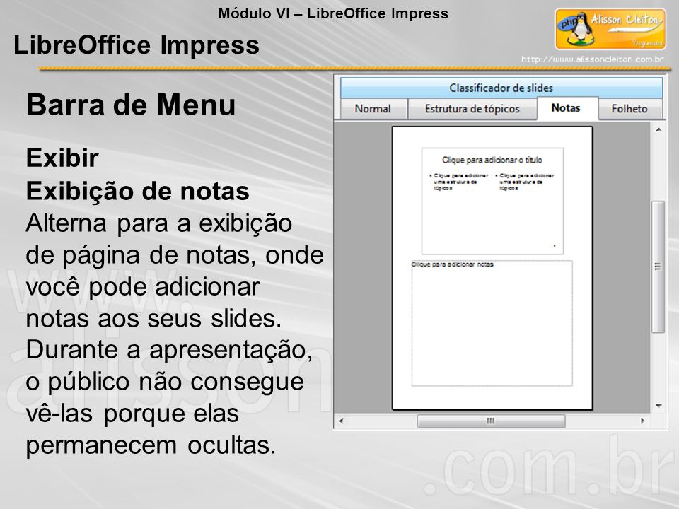 Barra de Menu LibreOffice Impress Exibir Exibição de notas