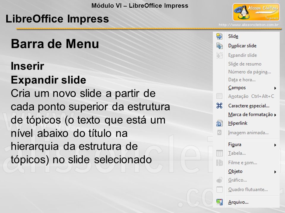 Barra de Menu LibreOffice Impress Inserir Expandir slide