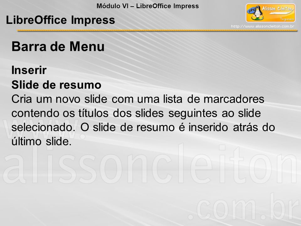 Barra de Menu LibreOffice Impress Inserir Slide de resumo