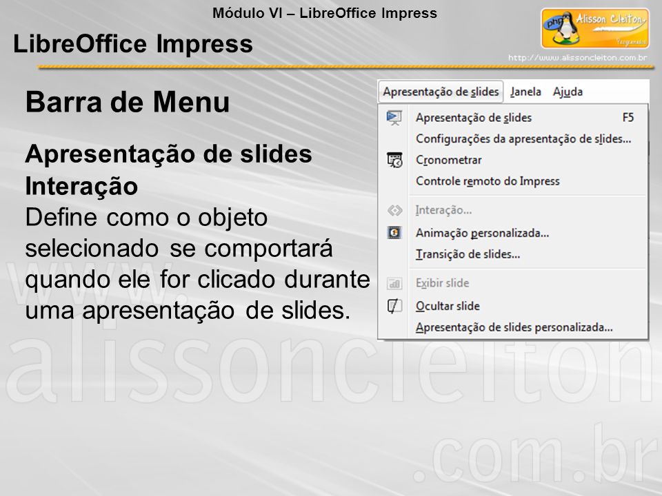 Barra de Menu LibreOffice Impress Apresentação de slides Interação