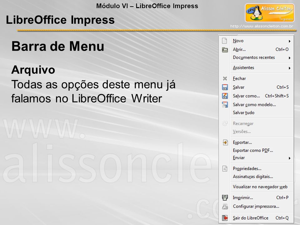 Barra de Menu LibreOffice Impress Arquivo
